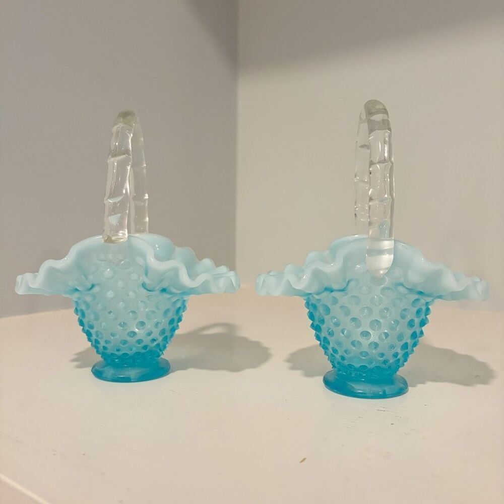 VTG Fenton Set of 2  Blue Opalescent Hobnail Baskets Bamboo Handle 6.5"
